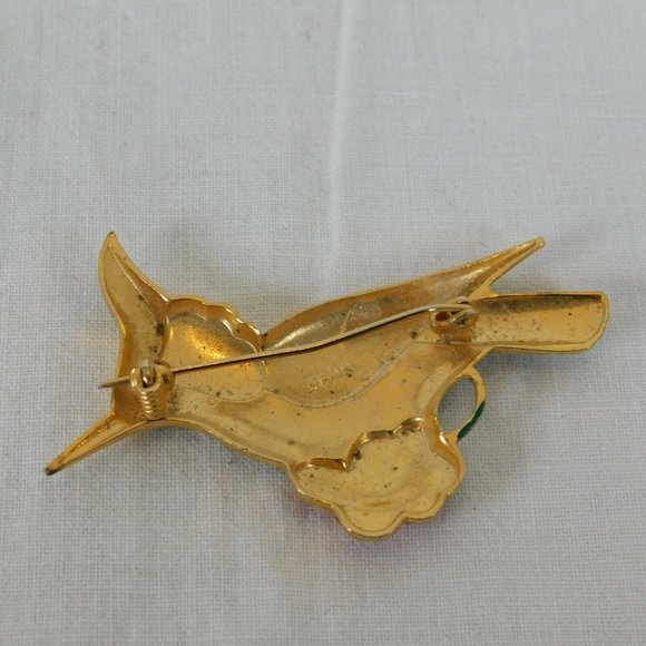 Bird Shaped Brooch Pin Layered Textured Red and Gold Tone Made in Spain 2" FLAW - Picture 6 of 8